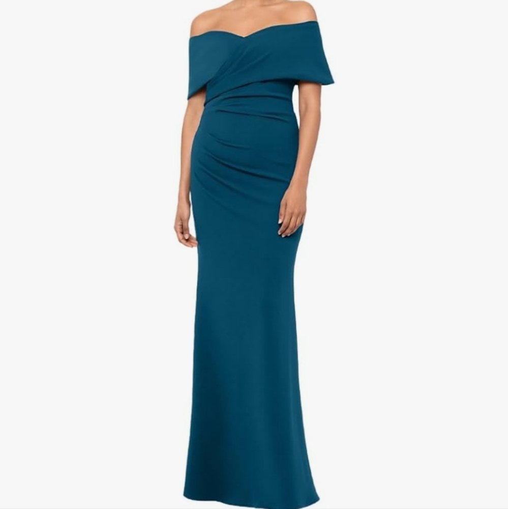 NWT $289 Betsey & Adam "Tanya" Long Off The Shoulder Scuba Crepe Dress